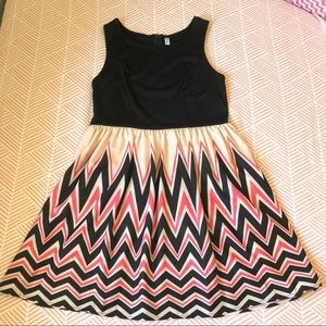 Black, pink, and ivory chevron cocktail dress